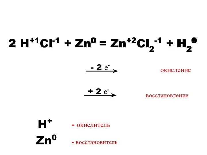 - 2 е- 2 H+1Cl-1 + Zn0 = Zn+2Cl2-1 + H20 Zn0