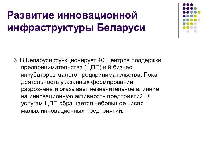 Развитие инновационной инфраструктуры Беларуси 3. В Беларуси функционирует 40 Центров поддержки предпринимательства