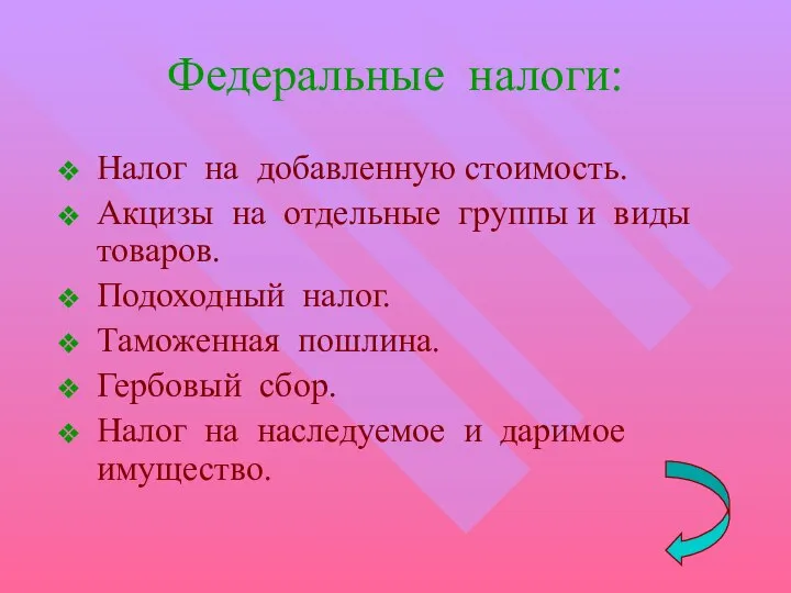 Федеральные налоги: Налог на добавленную стоимость. Акцизы на отдельные группы и виды