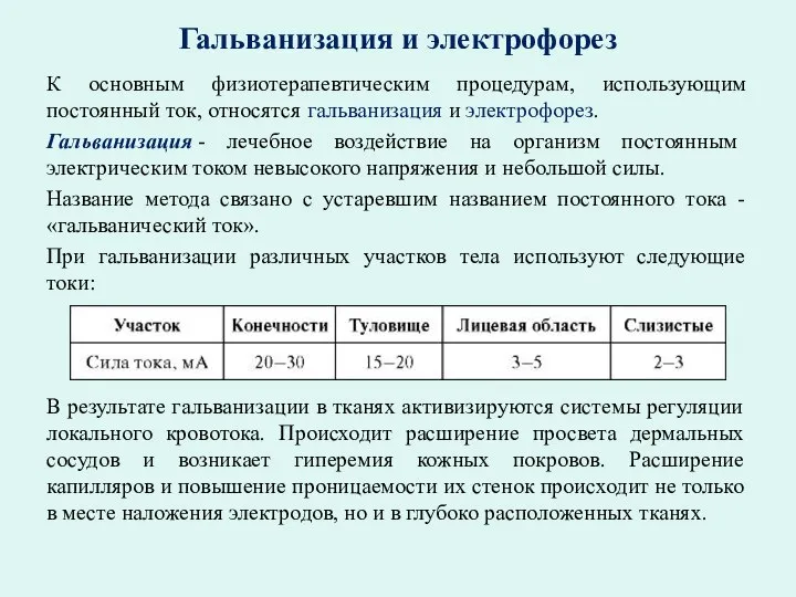 Гальванизация и электрофорез К основным физиотерапевтическим процедурам, использующим постоянный ток, относятся гальванизация