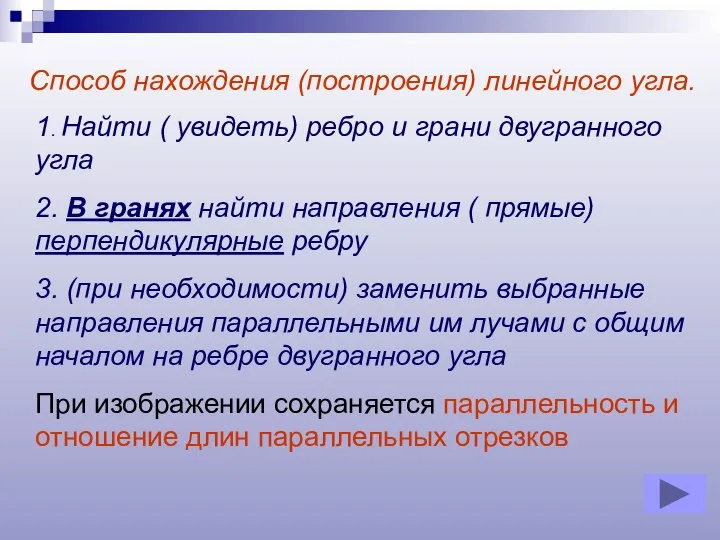 Способ нахождения (построения) линейного угла. 1. Найти ( увидеть) ребро и грани