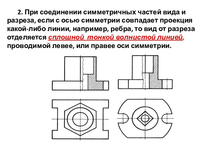 2. При соединении симметричных частей вида и разреза, если с осью симметрии