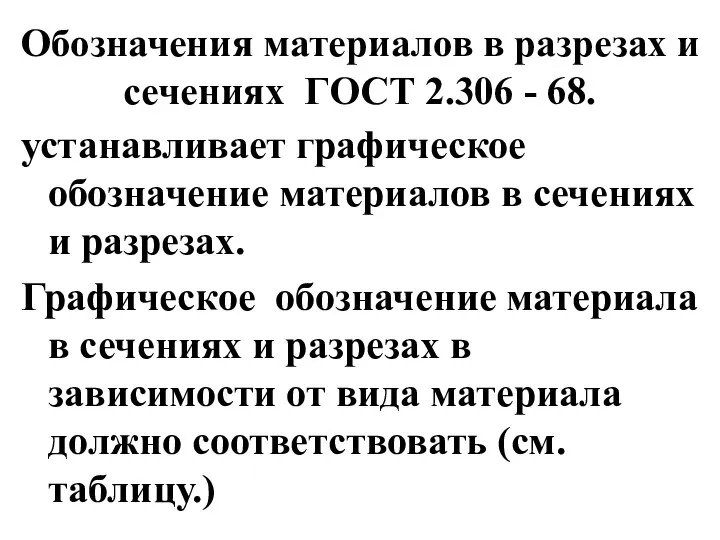 Обозначения материалов в разрезах и сечениях ГОСТ 2.306 - 68. устанавливает графическое