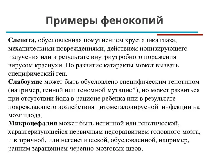 Примеры фенокопий Слепота, обусловленная помутнением хрусталика глаза, механическими повреждениями, действием ионизирующего излучения