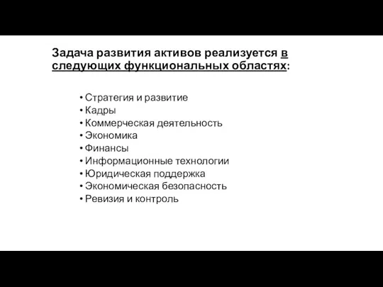 Задача развития активов реализуется в следующих функциональных областях: Стратегия и развитие Кадры