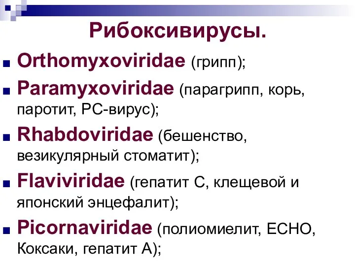 Рибоксивирусы. Orthomyxoviridae (грипп); Paramyxoviridae (парагрипп, корь, паротит, РС-вирус); Rhabdoviridae (бешенство, везикулярный стоматит);