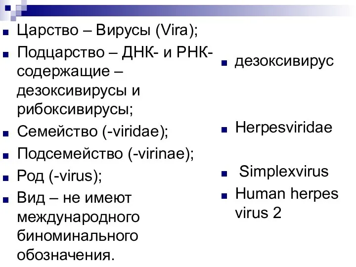 Царство – Вирусы (Vira); Подцарство – ДНК- и РНК-содержащие – дезоксивирусы и