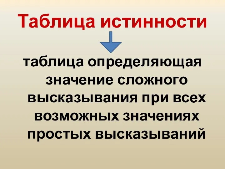 Таблица истинности таблица определяющая значение сложного высказывания при всех возможных значениях простых высказываний