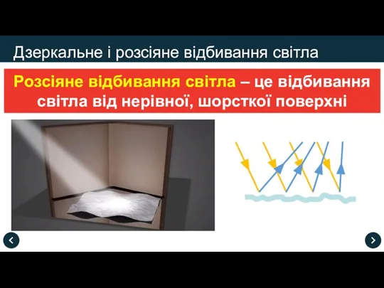 Дзеркальне і розсіяне відбивання світла Розсіяне відбивання світла – це відбивання світла від нерівної, шорсткої поверхні