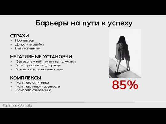 Барьеры на пути к успеху 85% СТРАХИ Проявиться Допустить ошибку Быть успешным