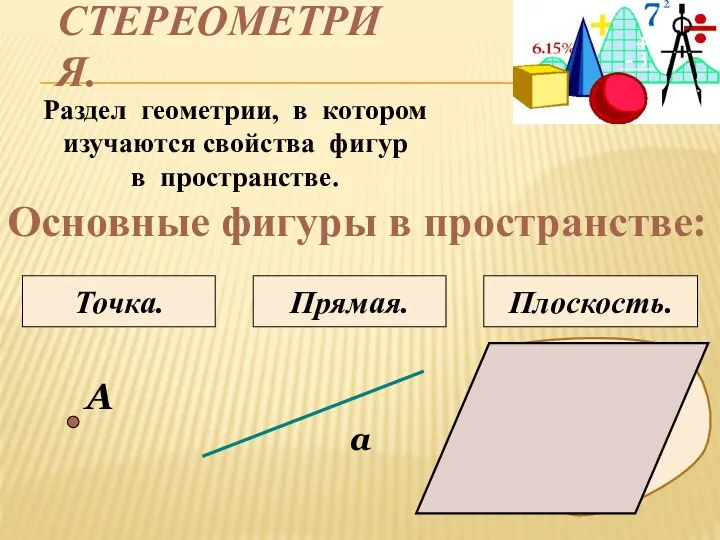 СТЕРЕОМЕТРИЯ. Раздел геометрии, в котором изучаются свойства фигур в пространстве. Основные фигуры