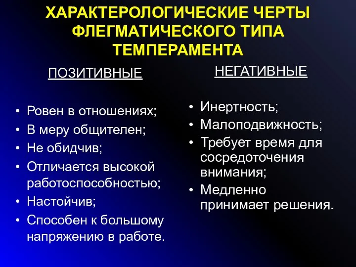 ХАРАКТЕРОЛОГИЧЕСКИЕ ЧЕРТЫ ФЛЕГМАТИЧЕСКОГО ТИПА ТЕМПЕРАМЕНТА ПОЗИТИВНЫЕ Ровен в отношениях; В меру общителен;