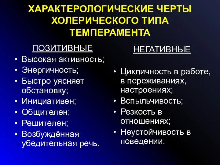 ХАРАКТЕРОЛОГИЧЕСКИЕ ЧЕРТЫ ХОЛЕРИЧЕСКОГО ТИПА ТЕМПЕРАМЕНТА ПОЗИТИВНЫЕ Высокая активность; Энергичность; Быстро уясняет обстановку;