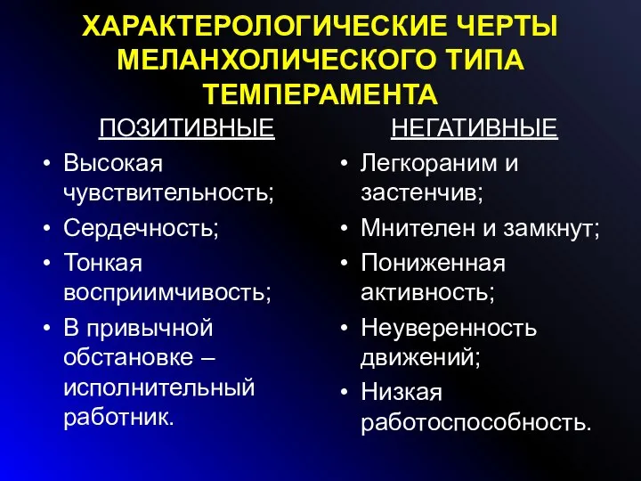 ХАРАКТЕРОЛОГИЧЕСКИЕ ЧЕРТЫ МЕЛАНХОЛИЧЕСКОГО ТИПА ТЕМПЕРАМЕНТА ПОЗИТИВНЫЕ Высокая чувствительность; Сердечность; Тонкая восприимчивость; В