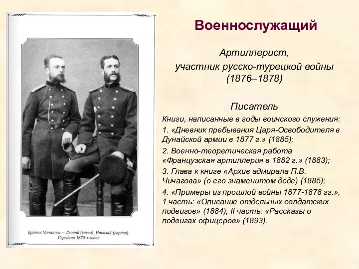 Военнослужащий Артиллерист, участник русско-турецкой войны (1876–1878) Писатель Книги, написанные в годы воинского