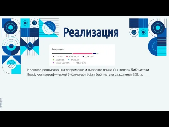 Monotone реализован на современном диалекте языка C++ поверх библиотеки Boost, криптографической библиотеки