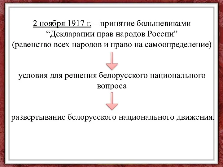 2 ноября 1917 г. – принятие большевиками “Декларации прав народов России” (равенство