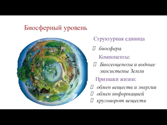 Биосферный уровень Компоненты: Биогеоценозы и водные экосистемы Земли Признаки жизни: обмен веществ