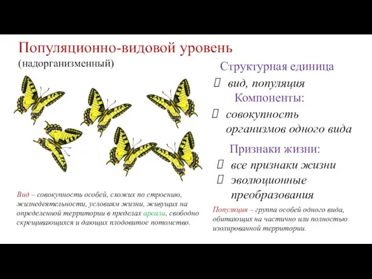 Популяционно-видовой уровень (надорганизменный) Компоненты: совокупность организмов одного вида Признаки жизни: все признаки