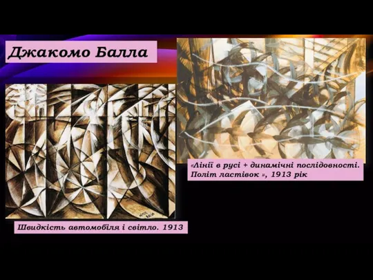 Джакомо Балла «Лінії в русі + динамічні послідовності. Політ ластівок », 1913