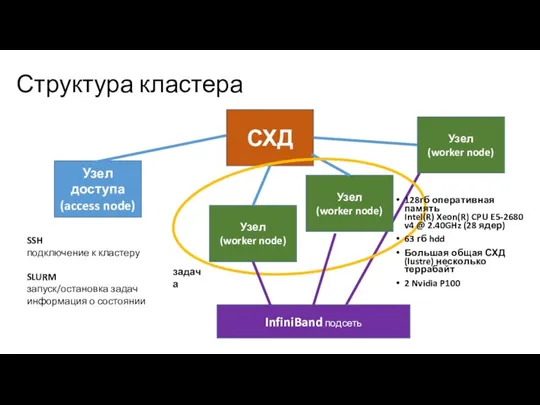 Структура кластера Узел доступа (access node) СХД Узел (worker node) Узел (worker