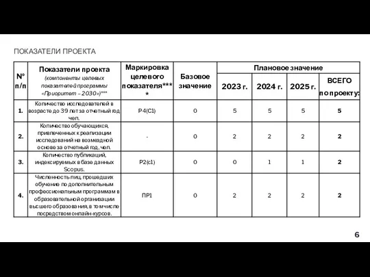 ПОКАЗАТЕЛИ ПРОЕКТА