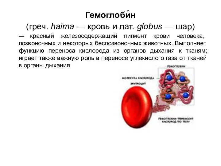 Гемоглоби́н (греч. haima — кровь и лат. globus — шар) — красный