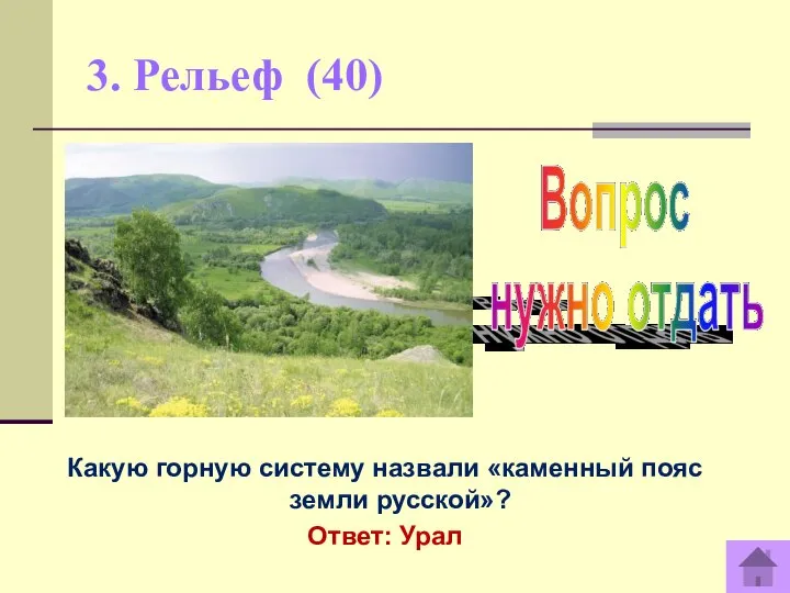 3. Рельеф (40) Какую горную систему назвали «каменный пояс земли русской»? Ответ: Урал