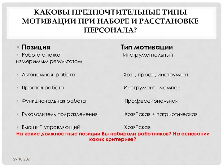 КАКОВЫ ПРЕДПОЧТИТЕЛЬНЫЕ ТИПЫ МОТИВАЦИИ ПРИ НАБОРЕ И РАССТАНОВКЕ ПЕРСОНАЛА? Позиция Тип мотивации