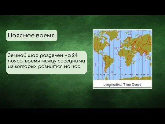 Поясное время Земной шар разделен на 24 пояса, время между соседними из которых разнится на час