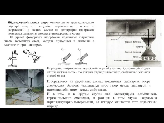 Шарнирно-подвижная опора отличается от цилиндрического шарнира тем, что допускает перемещение в одном