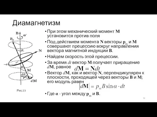 Диамагнетизм При этом механический момент M установится против поля Под действием момента