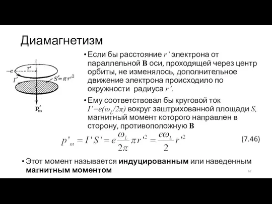 Диамагнетизм Если бы расстояние r’ электрона от параллельной B оси, проходящей через