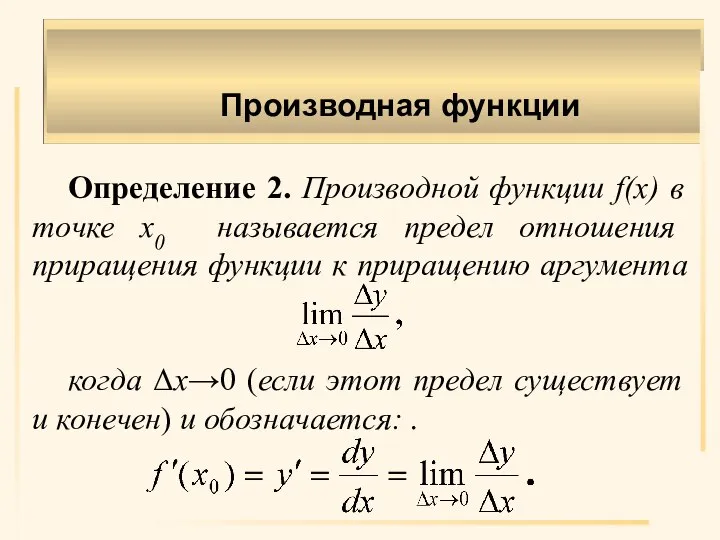 Производная функции Определение 2. Производной функции f(x) в точке x0 называется предел