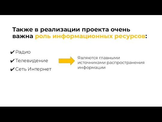 Также в реализации проекта очень важна роль информационных ресурсов: Радио Телевидение Cеть