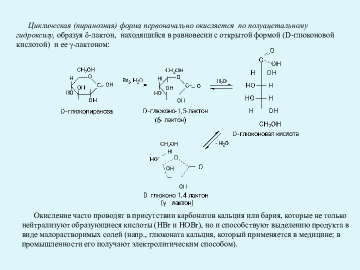 Циклическая (пиранозная) форма первоначально окисляется по полуацетальному гидроксилу, образуя δ-лактон, находящийся в