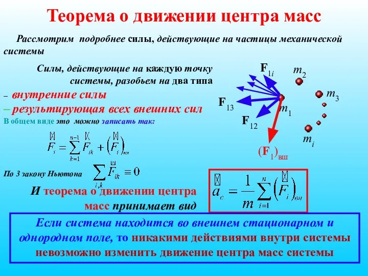 Теорема о движении центра масс Рассмотрим подробнее силы, действующие на частицы механической