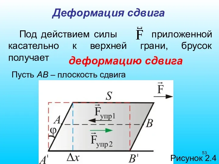 Деформация сдвига Под действием силы приложенной касательно к верхней грани, брусок получает