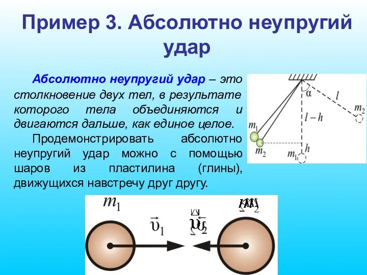 Пример 3. Абсолютно неупругий удар Абсолютно неупругий удар – это столкновение двух