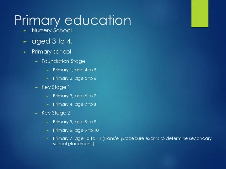 Primary education Nursery School aged 3 to 4. Primary school Foundation Stage