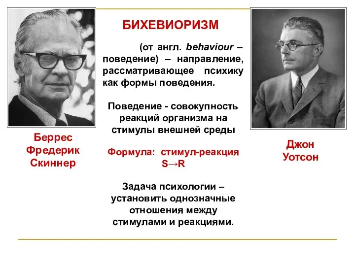 Беррес Фредерик Скиннер (от англ. behaviour – поведение) – направление, рассматривающее психику