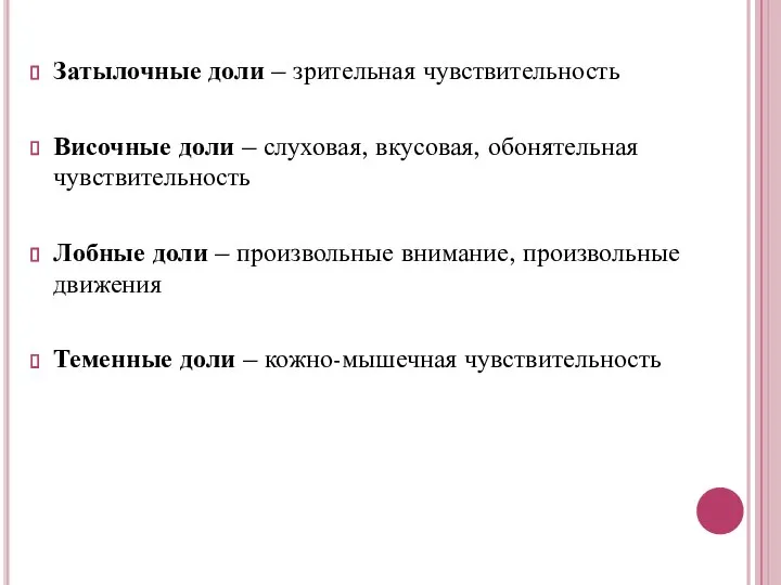 Затылочные доли – зрительная чувствительность Височные доли – слуховая, вкусовая, обонятельная чувствительность