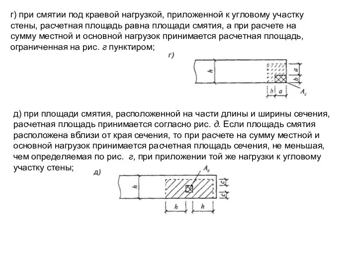 г) при смятии под краевой нагрузкой, приложенной к угловому участку стены, расчетная