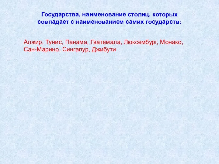 Государства, наименование столиц, которых совпадает с наименованием самих государств: Алжир, Тунис, Панама,