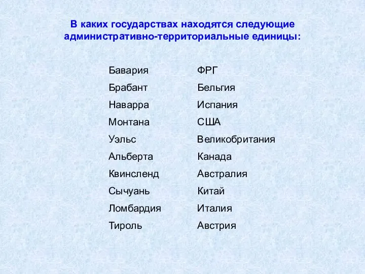 В каких государствах находятся следующие административно-территориальные единицы: Бавария Брабант Наварра Монтана Уэльс