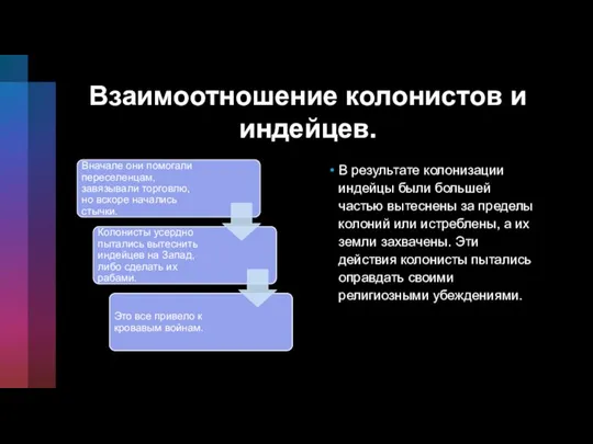 Взаимоотношение колонистов и индейцев. В результате колонизации индейцы были большей частью вытеснены