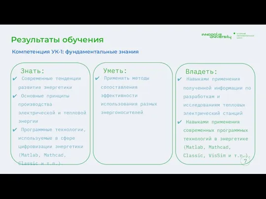 Результаты обучения Уметь: Применять методы сопоставления эффективности использования разных энергоносителей Знать: Современные