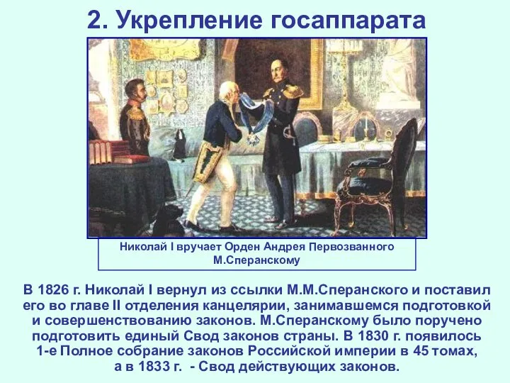 2. Укрепление госаппарата В 1826 г. Николай I вернул из ссылки М.М.Сперанского