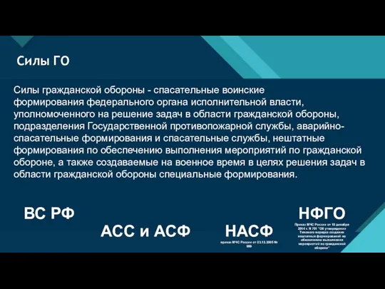 Силы ГО Силы гражданской обороны - спасательные воинские формирования федерального органа исполнительной