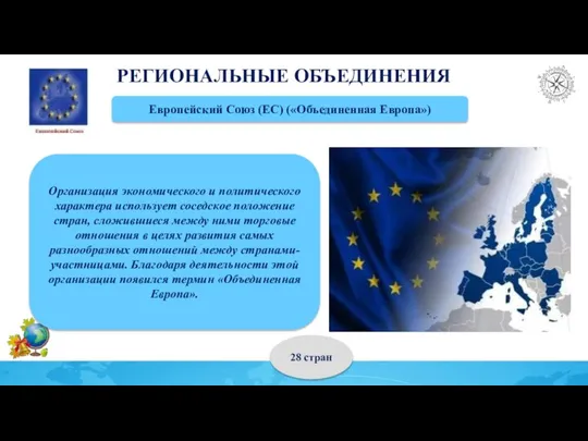 РЕГИОНАЛЬНЫЕ ОБЪЕДИНЕНИЯ Европейский Союз (ЕС) («Объединенная Европа») Организация экономического и политического характера